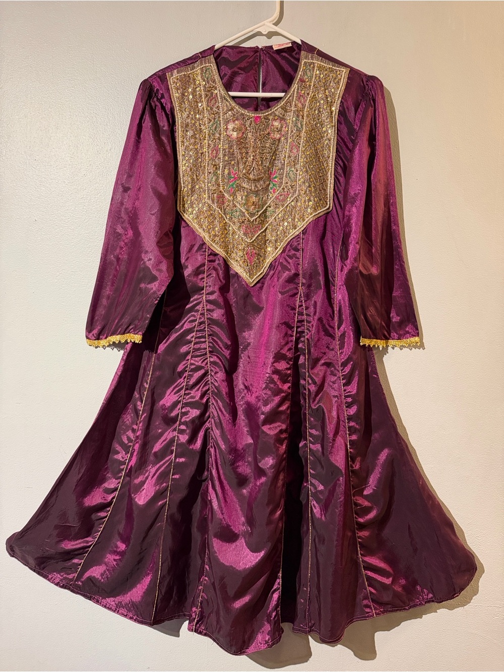Vintage Punjabi Frock satin Plum Midi Dress with Gold Embroidered Yoke Panel